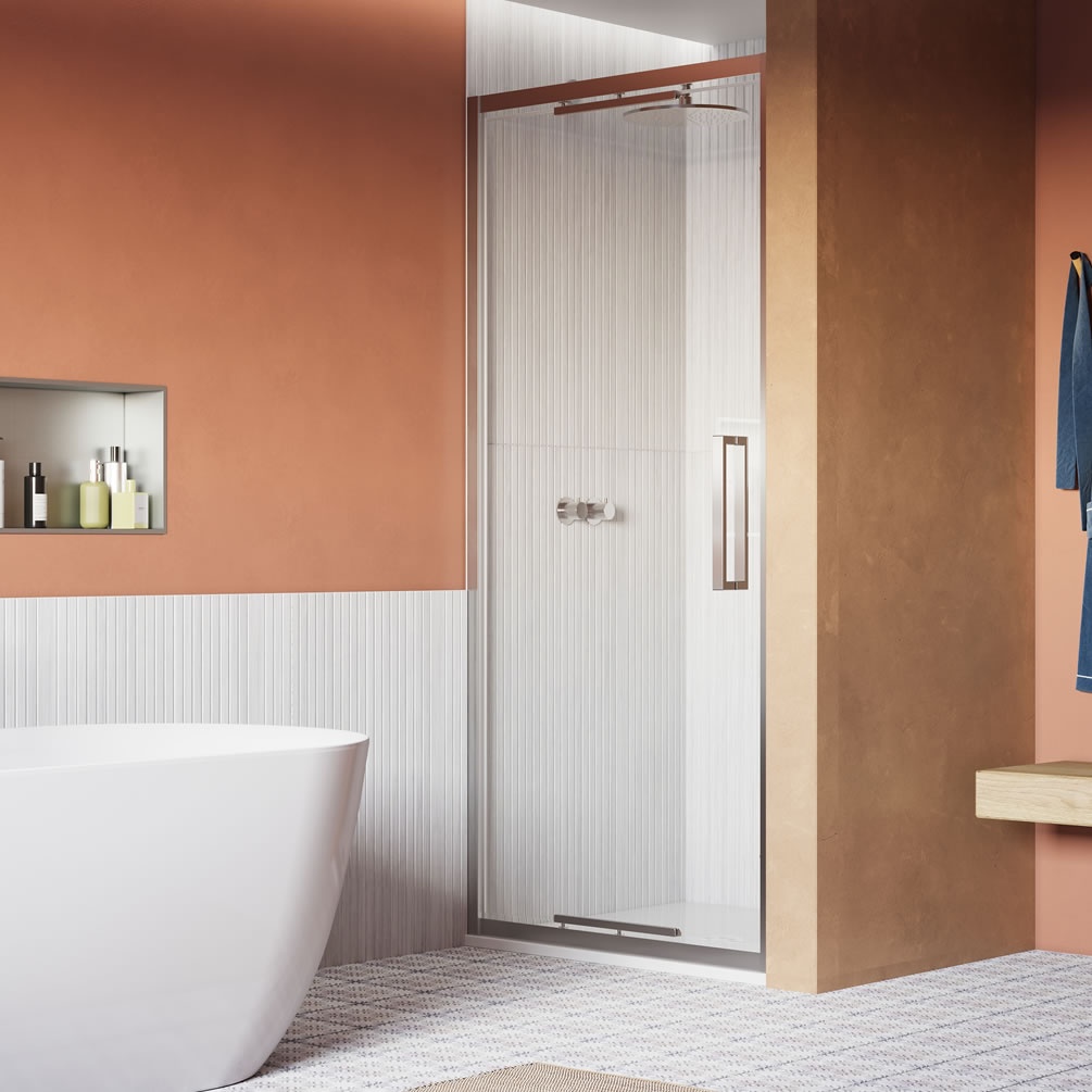 Lifestyle image of Crosswater Asura 8 Polished Stainless Steel 900mm Infold Shower Door